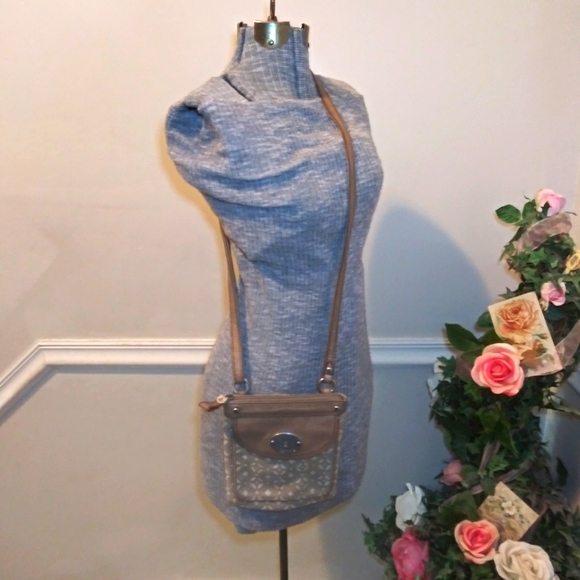 Fossil Leather Trimmed Taupe & Ivory Metallic Brocade Convertible Crossbody - Picture 15 of 15